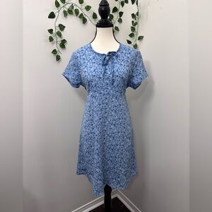 Vintage Short Sleeve White and Blue Floral Dress, Spring, Chiffon